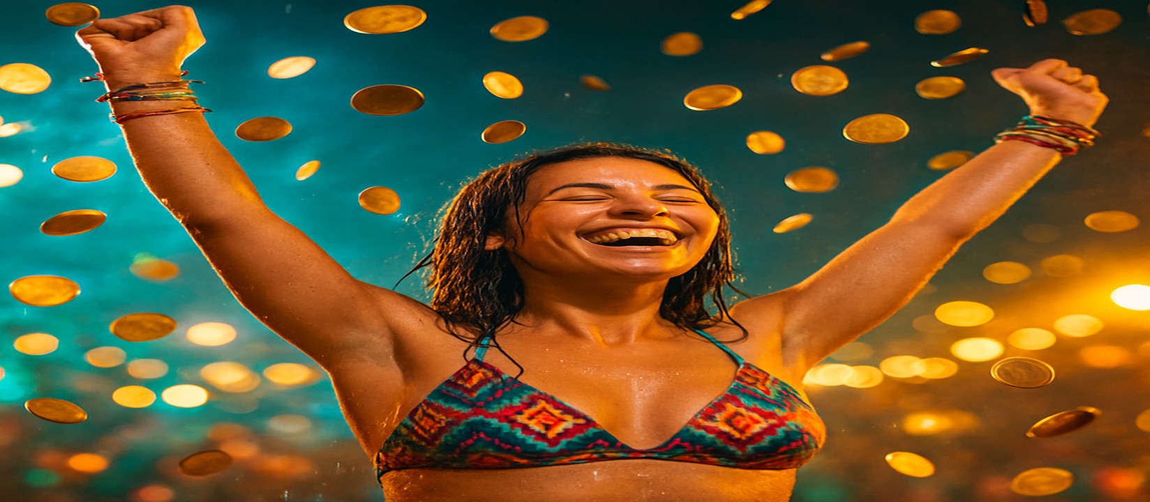 মুদ্রার ঝরনায় ধরা পড়া রঙিন পোশাকে এক নারী